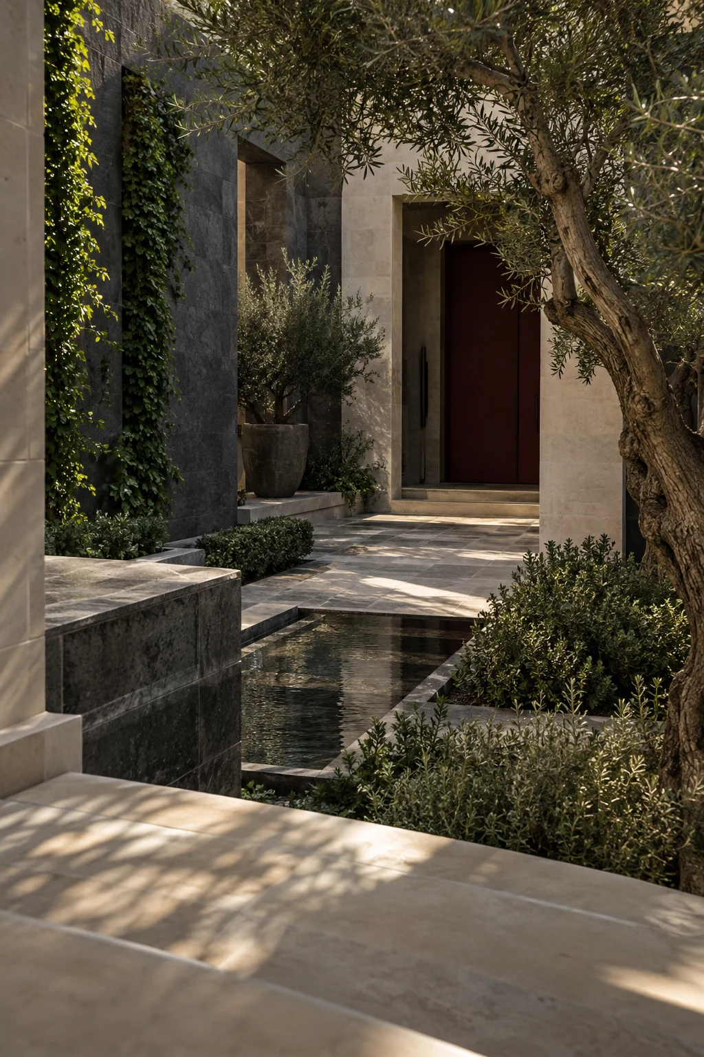 Shaded stone courtyard and burgundy doorway