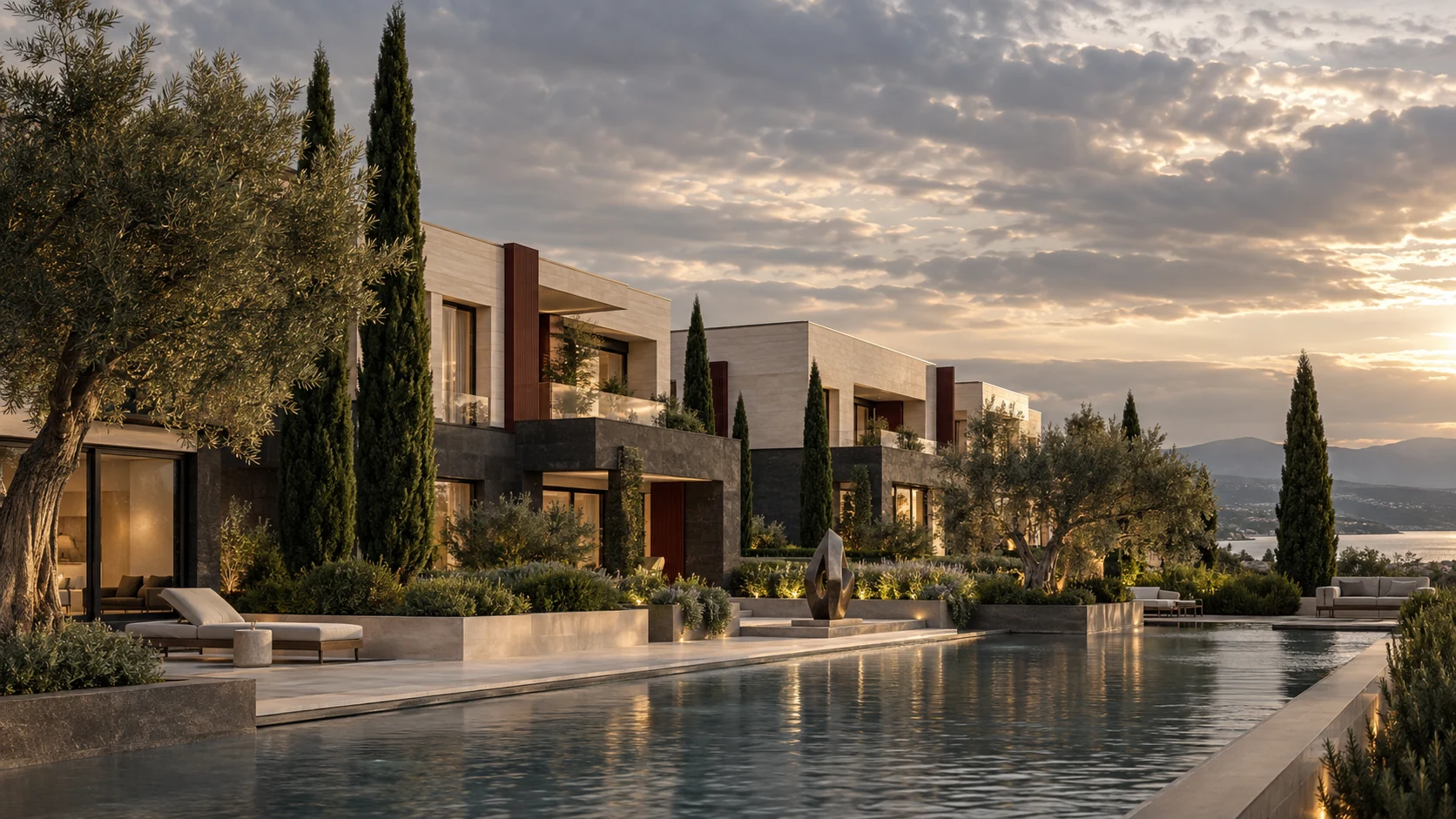 SPACO Residences at dusk beside a reflecting pool